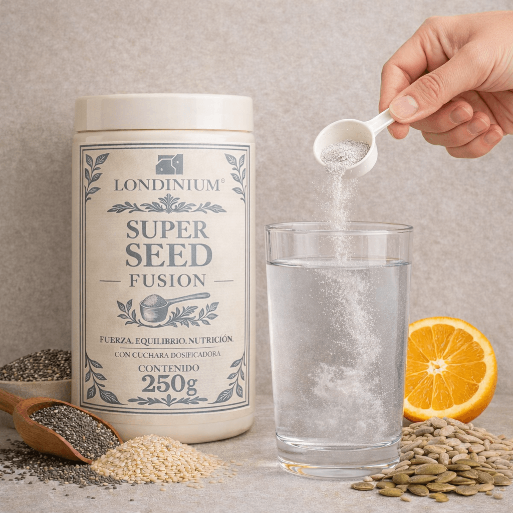 Foto de una persona disolviendo Londinium Super Seed en un vaso